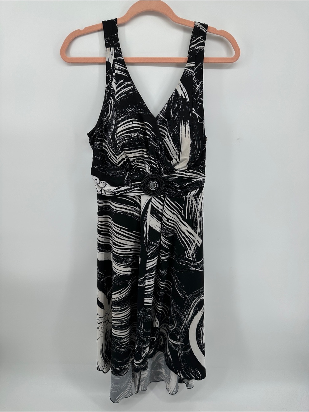 Voir Voir Y2K VTG Whimsigoth Art Deco Black&White Midi Dress w/Waist Accent Sz14